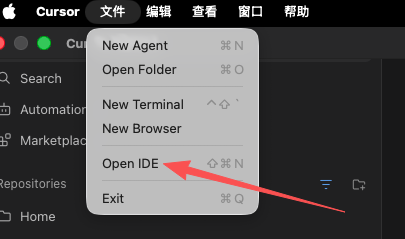 点顶部文件菜单，选择 Open IDE 切换到 IDE 模式